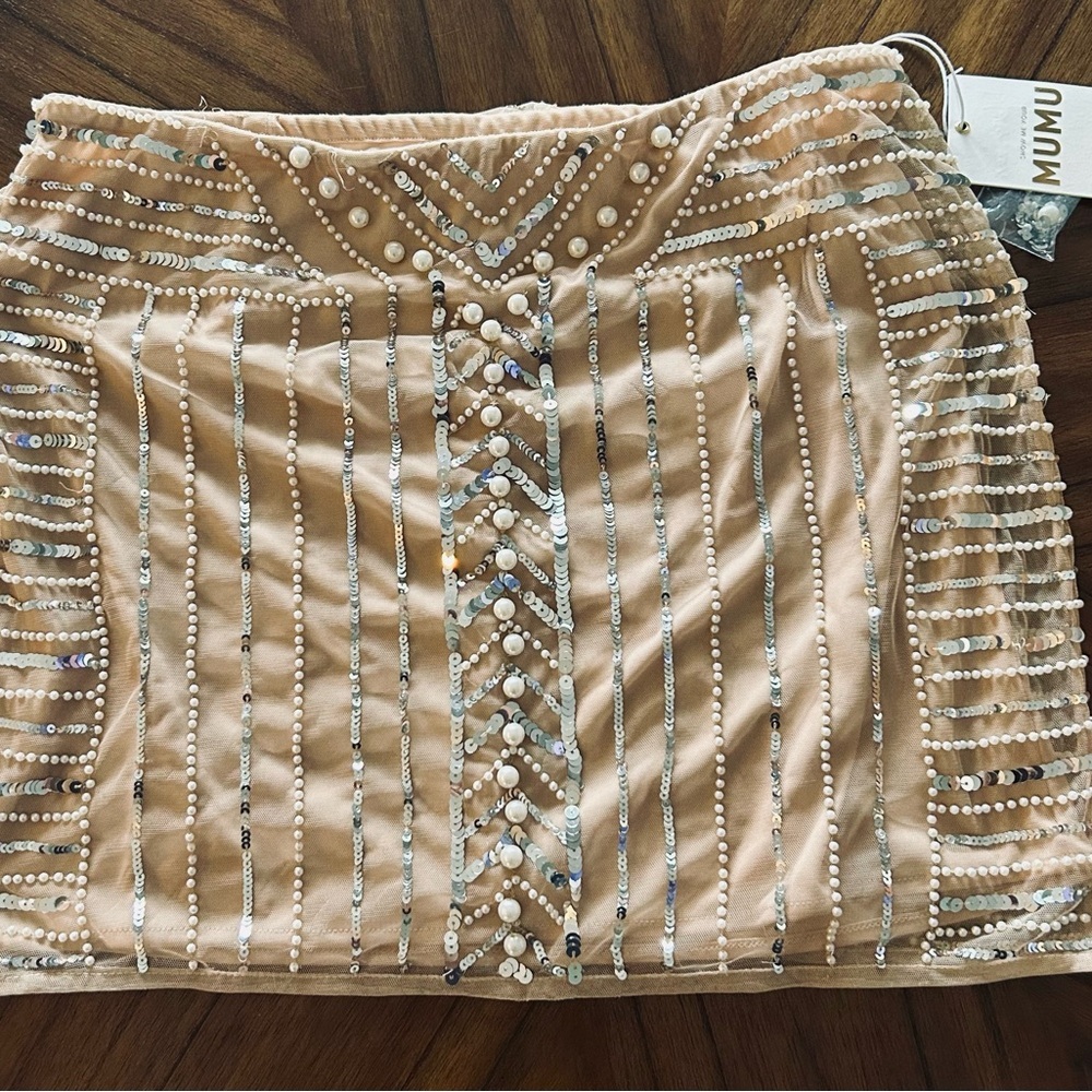 Show Me Your Mumu Nude Beaded Mini Skirt